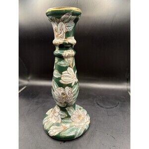 Vintage Green Floral Ceramic Candlestick Holder 9.5” Raised Flowers China Decor